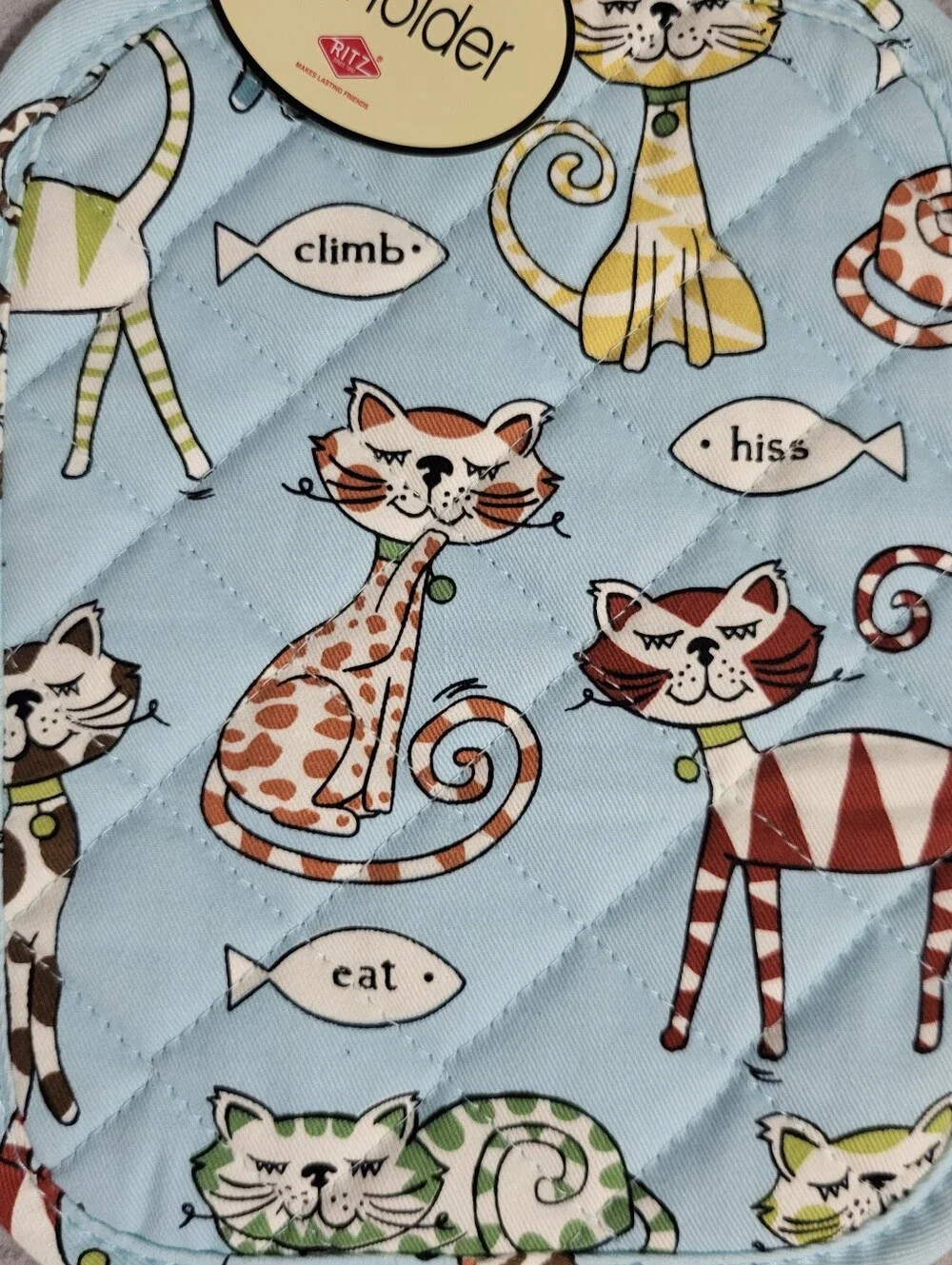 Ritz Kitchen Wears Retro Cats Set 2 Potholders Hot Pads Blue Quilted Kitsch MCM